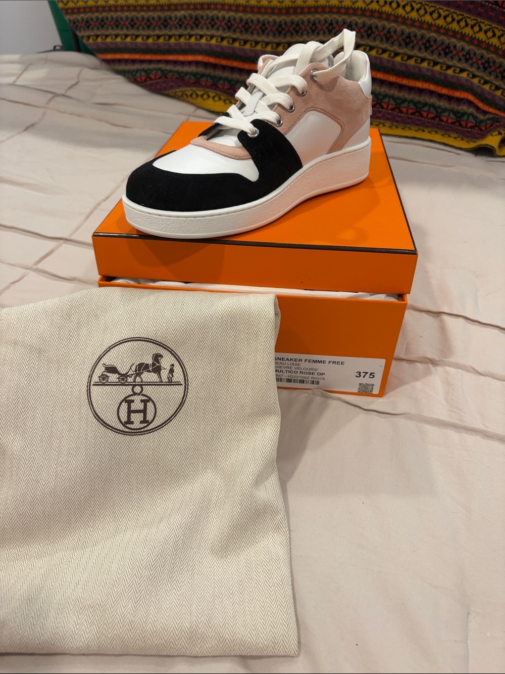 Hermes Men’s Low-Top Sneaker — White, Black, Blush